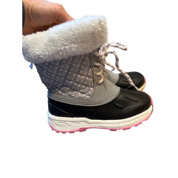 Carters Kids Snow Boots Quilted Gray Pink Laces Faux Fur Lined Winter‎ Size 12 - Picture 4 of 13